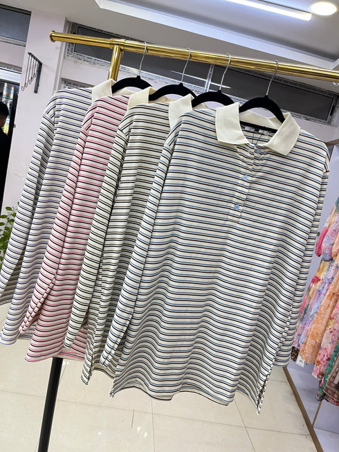 Casual Polo Collar Stripes Long Sleeves Shirt